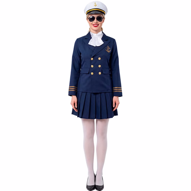 Kapitänin Kostüm Marina Marine Uniform Vorderansicht Frau im dunkelblauen Kapitänin Kostüm Marina mit Marinejacke, Faltenrock, weißem Halstuch und Kapitänsmütze.