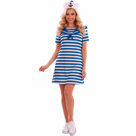 Matrosen Kostüm Stella Kleid mit Mütze für Damen Frau im blau weiß gestreiften Matrosenkleid Stella mit Matrosenkragen, Schleife und weißer Mütze mit Ankeremblem.