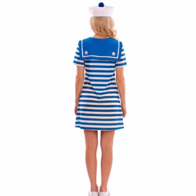 Matrosen Kostüm Stella Rückansicht blau weiß gestreiftes Kleid Frau im blau weiß gestreiften Matrosen Kostüm Stella von hinten mit großem blauem Kragen, weißen Sternen und Matrosenmütze.