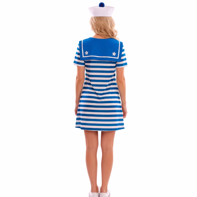 Matrosen Kostüm Stella Rückansicht blau weiß gestreiftes Kleid Frau im blau weiß gestreiften Matrosen Kostüm Stella von hinten mit großem blauem Kragen, weißen Sternen und Matrosenmütze.