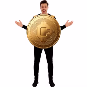 Überraschter Mann im goldfarbenen Krypto Coin Kostüm Satoshi mit ausgebreiteten Armen als lustige Verkleidung für Erwachsene.