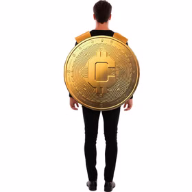 Krypto Coin Kostüm Satoshi von hinten mit rundem goldfarbenem Münzmotiv, feinen Linien, Symbolen und breiten Schulterträgern.