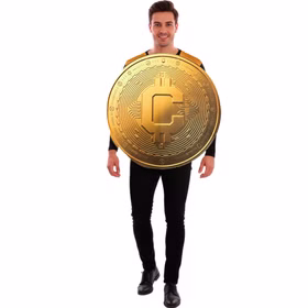 Mann im runden goldfarbenen Krypto Coin Kostüm Satoshi mit Schaltkreis-Motiv und großem Symbol vor weißem Hintergrund.