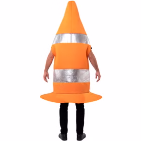 Verkehrshütchen Kostüm Conny von hinten mit orangefarbener Kegelform, breitem Standfuß und zwei silberfarbenen Streifen.