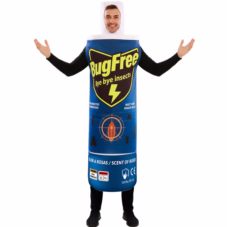 Insektenspray Kostüm Bug Free Herren Unisex Tunika Mann im bedruckten Insektenspray Kostüm Bug Free mit ausgebreiteten Armen, Insektenmotiven und weißem Dosenaufsatz.