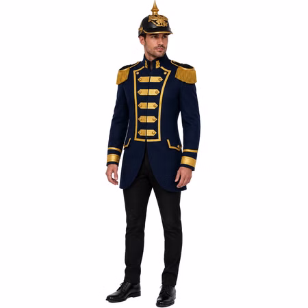 Preußen General Kostüm Uniformjacke getragen Herr trägt die dunkelblaue Preußen Uniformjacke mit goldfarbenen Details, schwarzer Jeans und Pickelhaube vor weißem Hintergrund. Hinweis: KI generiertes Bild