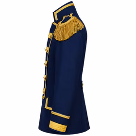 Seitenansicht der dunkelblauen Herren Uniformjacke mit goldfarbenen Epauletten, Borten, Manschetten und langem Gehrockschnitt.