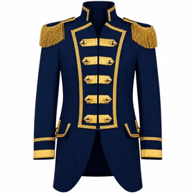 Dunkelblaue Preußen Uniformjacke für Herren in Vorderansicht mit goldfarbenen Borten, Epauletten und hohem Stehkragen vorn.
