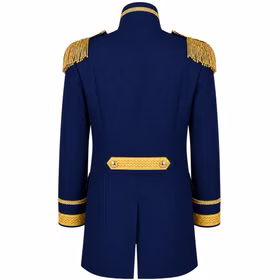 Rückansicht der dunkelblauen General Uniformjacke mit goldfarbenen Schulterfransen, Ärmelborten und dekorativem Rückenriegel.