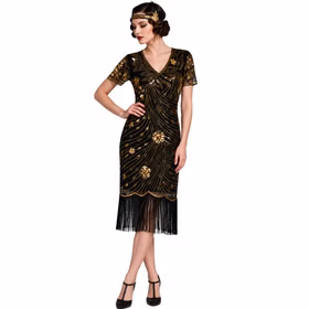 Frau im Charleston Kleid Eleanor mit schwarzem Stirnband, goldenen Pailletten, kurzen Ärmeln und Fransensaum im 20er-Jahre-Look. Hinweis: KI generiertes Bild