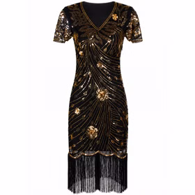 Vorderansicht des Charleston Kleids Eleanor in Schwarz und Gold mit V-Ausschnitt, floralem Paillettenmuster und Fransensaum.