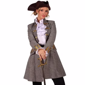 Frontansicht des grauen Damen-Piratenmantels Anne Bonny mit goldfarbenen Verzierungen, Stehkragen und ausgestelltem Saum.