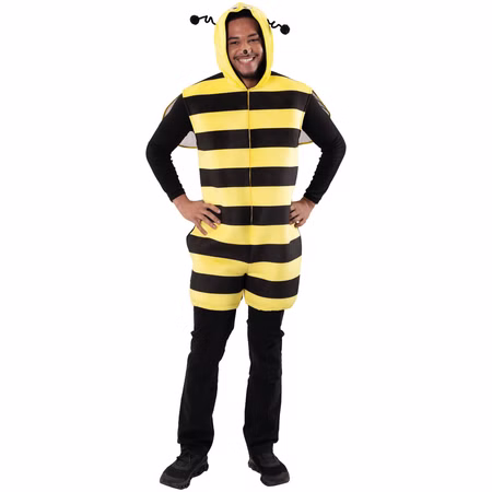 Bienen Kostüm Willi Herren Vorderansicht Herr im Bienen Kostüm Willi von vorn mit gelb-schwarzem Overall, kurzer Hose, Kapuze mit Fühlern und seitlichen Flügeln.