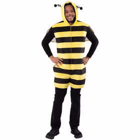 Bienen Kostüm Willi Herren Vorderansicht Herr im Bienen Kostüm Willi von vorn mit gelb-schwarzem Overall, kurzer Hose, Kapuze mit Fühlern und seitlichen Flügeln.