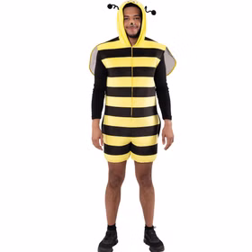 Bienen Overall Herren mit Kapuze und Flügeln Bienen Kostüm für Herren in Vorderansicht mit gestreiftem Overall, Kapuze, Fühlern und transparenten Flügeln am Rücken befestigt.