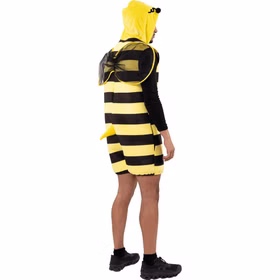 Seitliche Rückansicht des Bienen Kostüms Willi mit gelb-schwarzen Streifen, großer Flügelpartie, Kapuze und gelbem Stachel.