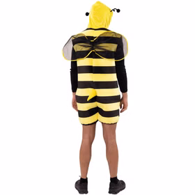 Bienen Kostüm Willi für Herren von hinten mit kurzen Beinen, gelb-schwarzem Overall, Kapuze, Flügeln und auffälligem Stachel.