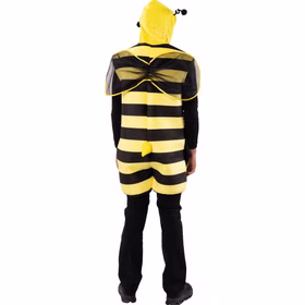 Bienen Kostüm Willi für Herren in Rückansicht mit gelb-schwarzem Overall, Kapuze, großen Flügeln und weichem Stachel am Rücken