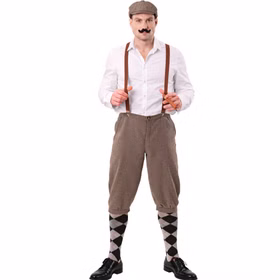 Braune Knickerbocker Hose für Herren im 20er Jahre Stil, kombiniert mit weißem Hemd, Schiebermütze, Hosenträgern und Kniestrümpfen.