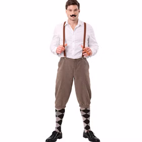 Herr trägt die braune 20er Jahre Knickerbocker in Vorderansicht mit weißem Hemd, Hosenträgern, Kniestrümpfen und Zigarre.