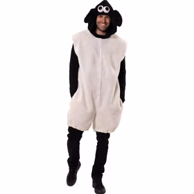Mann im Schaf Kostüm für Erwachsene von vorn mit weißem Fleece-Jumpsuit, schwarzer Kapuze, Ohren und großen Glubschaugen.