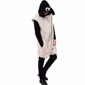 Seitliche Ansicht des Schaf Kostüms mit weißem Fleece-Overall, schwarzer Tierkapuze, langen Ohren und großen Glubschaugen.