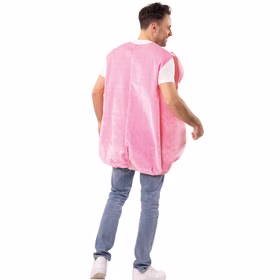 Rückansicht des rosa Schwein Kostüms Lucky Pig am Mann, mit glatter Nicki-Optik, rundlicher Form und kleinem Schweineschwanz.