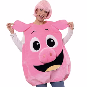 Detailansicht des rosa Schwein Kostüms Lucky Pig mit großen Ohren, aufgesetzten Augen, gepolsterter Schnauze und breitem Lächeln.