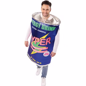 Mann im Energy Drink Kostüm Hyper in Vorderansicht mit blauem Dosenkörper, silbernem Deckelrand und farbigem Blitzmotiv.