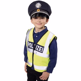 Polizeimütze Kinder mit Polizeikostüm Kind im Polizeikostüm trägt die dunkelblaue Polizeimütze mit silbernem Sternemblem, Zierkordel und schwarzem Lackschirm.
