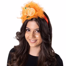 Orangen Haarreif für Damen in Nahaufnahme mit orangefarbenem Tüll, glitzernden Akzenten, Fruchtscheiben und grünen Blättern.