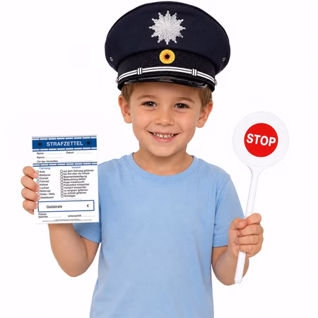 Polizei Kostüm Zubehör Kinder Mütze Strafzettel Signalkelle Kind mit dunkelblauer Polizeimütze, Strafzettelblock und rot-weißer STOP-Signalkelle als Polizei Kostüm-Zubehör. Hinweis: KI generiertes Bild