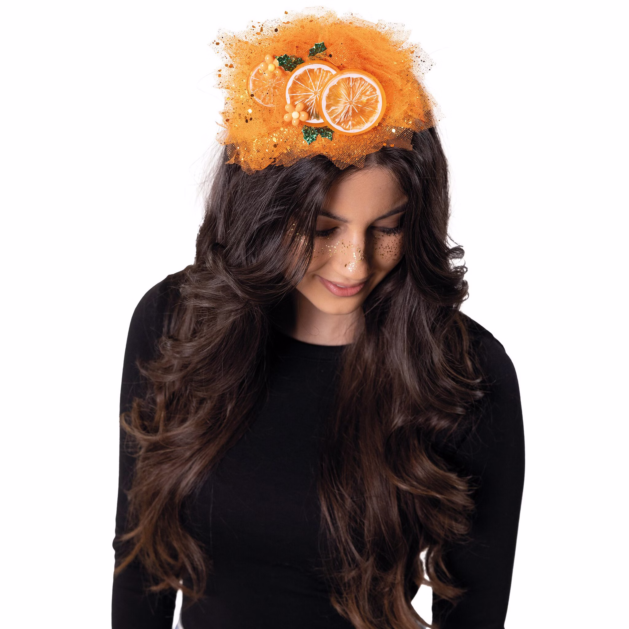 Orangen Haarreif Tüll Glitzer Fruchtdekor von oben Orangen-Haarreif für Damen mit üppigem orangefarbenem Tüll, Glitzerdetails, Orangenscheiben und dekorativen Blättern.