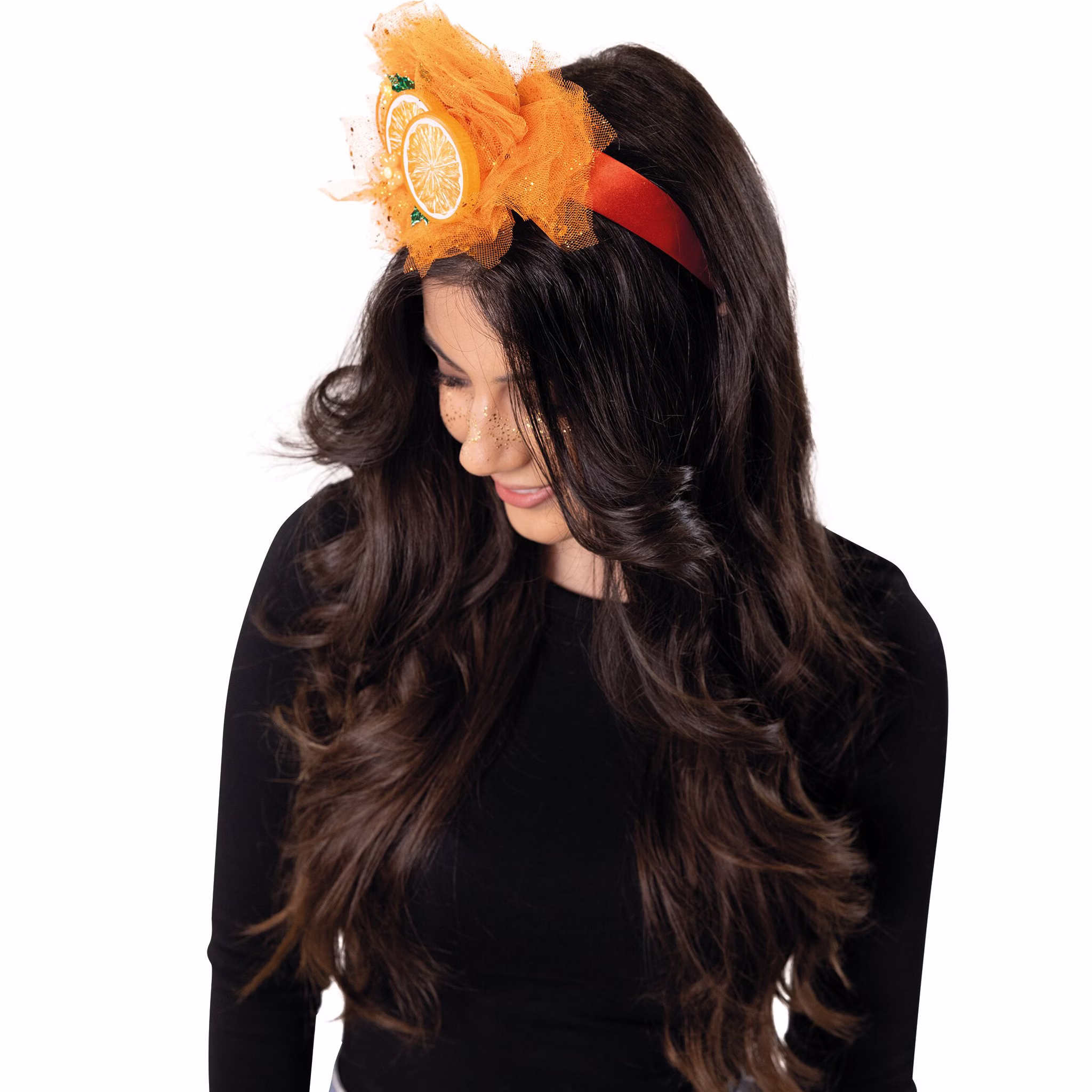 Orangen Haarreif Damen Seitenansicht Seitliche Ansicht des getragenen Orangen-Haarreifs mit orangefarbenem Tüll, Glitzer und dekorativen Orangenscheiben.