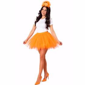 Orangen Kostüm Damen Tutu Haarreif Front Orangen Kostüm für Damen mit orangefarbenem Tutu, dekoriertem Orangen-Haarreif und Pumps in kompletter Frontansicht. Hinweis: KI generiertes Bild