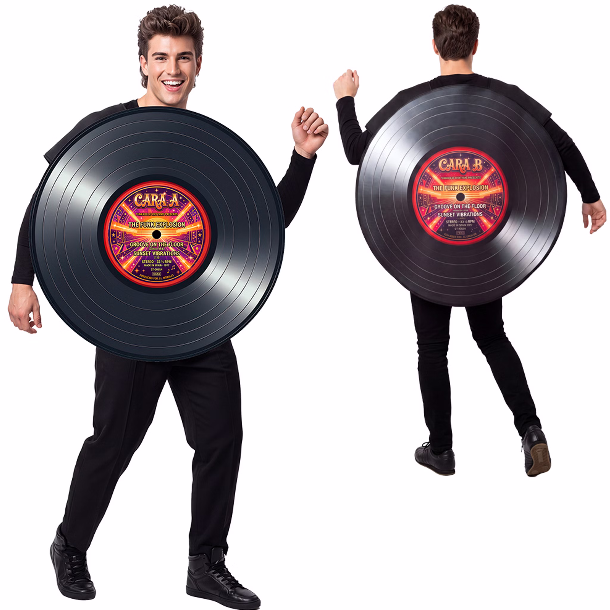 Vinyl Schallplatten Kostüm 80er 90er Vorder und Rückansicht Unisex Vinyl Schallplatten Kostüm für Erwachsene mit Cara A und Cara B in Vorder- und Rückansicht vor weißem Hintergrund.