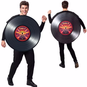 Vinyl Schallplatten Kostüm 80er 90er Vorder und Rückansicht Unisex Vinyl Schallplatten Kostüm für Erwachsene mit Cara A und Cara B in Vorder- und Rückansicht vor weißem Hintergrund.