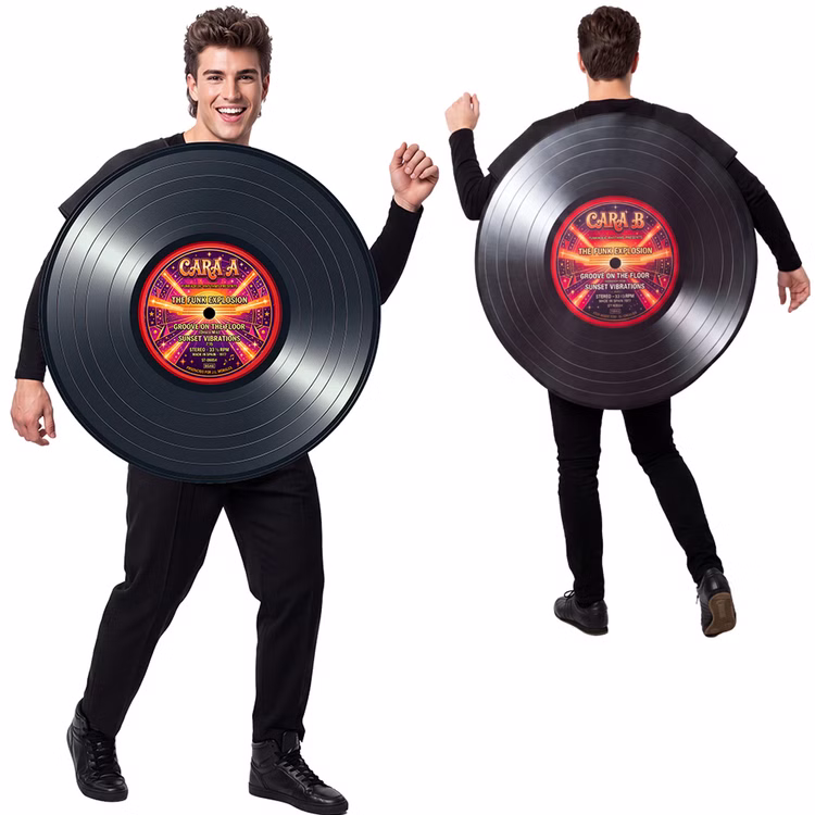 Vinyl Schallplatten Kostüm 80er 90er Vorder und Rückansicht Unisex Vinyl Schallplatten Kostüm für Erwachsene mit Cara A und Cara B in Vorder- und Rückansicht vor weißem Hintergrund.
