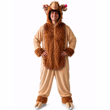 Alpaka Kostüm Lama Plüschoverall Unisex Erwachsene Alpaka Kostüm für Erwachsene als brauner Plüsch-Overall mit Kapuze, Tierkopf, Fellbesatz und Huf-Details für Damen und Herren. Hinweis: KI generiertes Bild