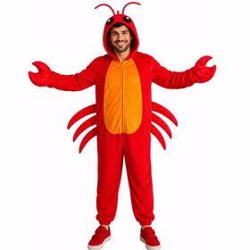 Hummer Kostüm Krebs Krabbe Overall Unisex Erwachsene Rotes Hummer Kostüm für Erwachsene als Unisex-Overall mit Kapuze, Fühlern, großen Scheren und seitlichen Krebsbeinen für Fasching. Hinweis: KI generiertes Bild