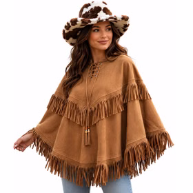 Western Poncho Rodeo Braun Fransen Damen Brauner Western Poncho für Damen mit Schnürung, Perlenquaste und langen Fransen im Rodeo-Look, Einheitsgröße für Fasching. Hinweis: KI generiertes Bild