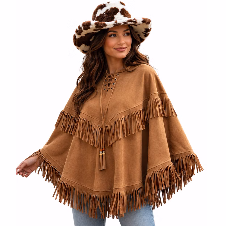 Western Poncho Rodeo Braun Fransen Damen Brauner Western Poncho für Damen mit Schnürung, Perlenquaste und langen Fransen im Rodeo-Look, Einheitsgröße für Fasching. Hinweis: KI generiertes Bild