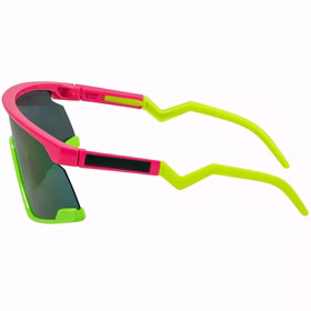 Neon Partybrille Seitenansicht Pink Neongrün Seitenansicht der Neon Partybrille in Pink und Neongrün mit auffälligen Bügeln und großer Scheibe für Rave und Festival.