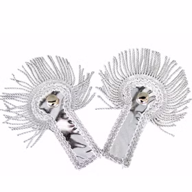 Schulterklappen Epauletten Silber 2 Stück Paar silberne Schulterklappen mit glänzender Oberfläche, dekorativen Borten und langen Fransen für Offiziers- und Uniformkostüme.