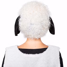 Schaf Perücke Rückansicht weiße Locken schwarze Ohren Rückansicht der Schaf-Perücke mit voluminösen weißen Locken und zwei schwarzen Schlappohren für Kostüme von Erwachsenen.
