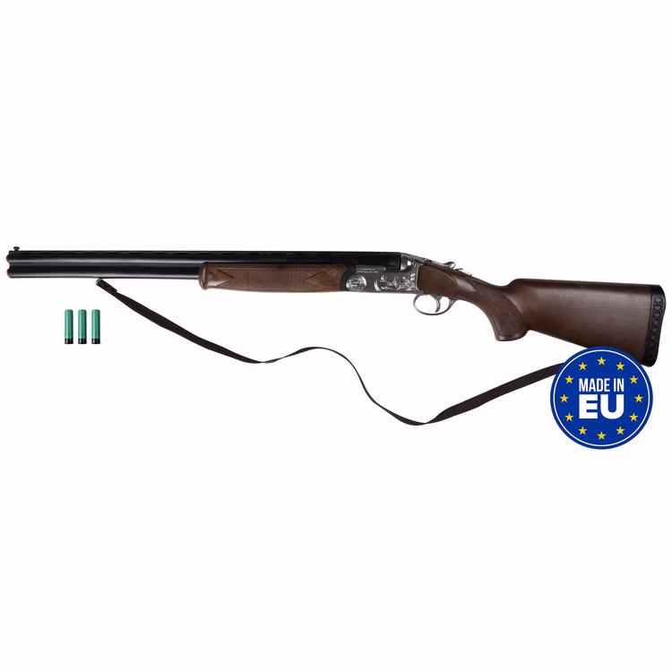 Bockflinte Schrotflinte Jäger Western Made in EU Braun-schwarze Spielzeug-Bockflinte mit zwei Läufen, Trageriemen, drei grünen Patronen und Hinweis auf Herstellung in der EU.