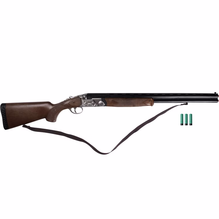 Bockflinte Schrotflinte Jäger Gewehr mit Trageriemen Detailreiche braun-schwarze Spielzeug-Bockflinte mit langen Doppelläufen, Trageriemen und drei wiederverwendbaren Patronen.