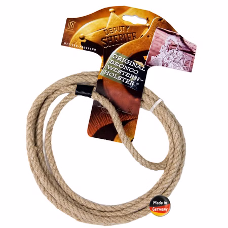 Cowboy Lasso Westernseil 250 cm Made in Germany Aufgerolltes Cowboy-Lasso aus naturfarbenem Hanfseil mit Schlaufe und Made-in-Germany-Hinweis als Western-Kostüm-Zubehör.