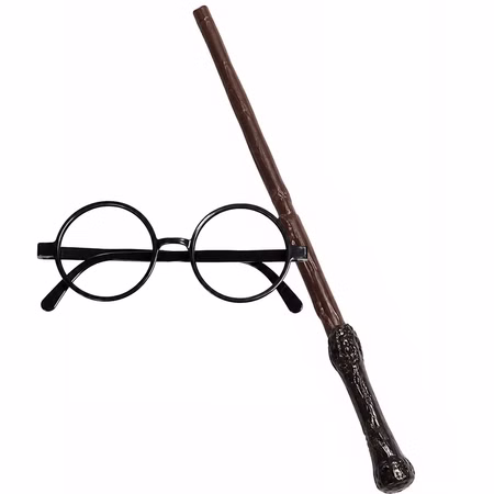 Harry Potter Zauberstab und Brille Kinder Schwarze runde Harry Potter Brille und brauner Zauberstab mit dunklem strukturiertem Griff als Kostüm-Zubehör für Kinder.