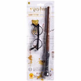 Offizielles Harry Potter Lizenzset für Kinder mit runder schwarzer Brille und braunem Zauberstab in Originalverpackung.
